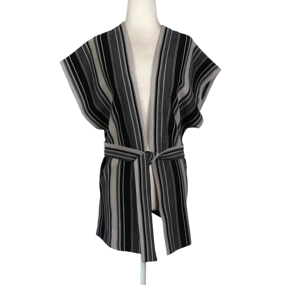Vintage 70s Act III Grey Striped Sleeveless Kimono Vest Belted Wrap Jacket